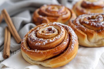 Fototapeta premium Freshly baked cinnamon rolls covered in icing sugar, sitting on a white napkin with cinnamon sticks