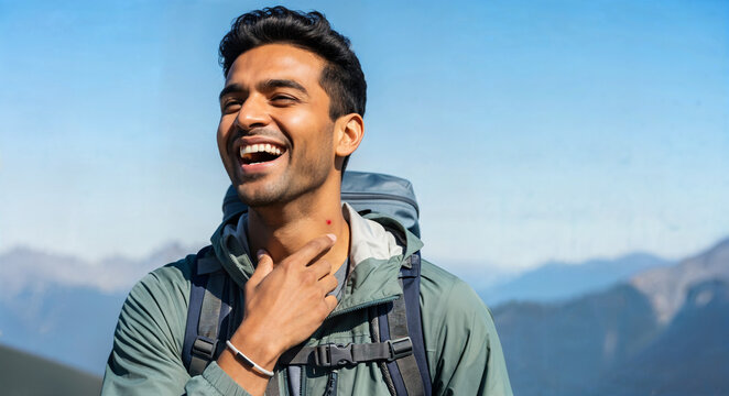 Happy young man hiking in mountains showing red insect bite on neck