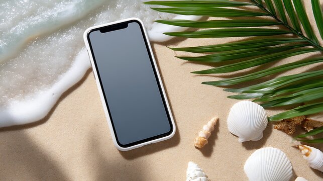 Smartphone on Sandy Beach with Seashells and Tropical Leaves