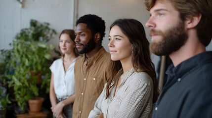 Fototapeta premium A trio of professionals stands in a brightly lit plant filled studio setting symbolizing modern teamwork and collabo n