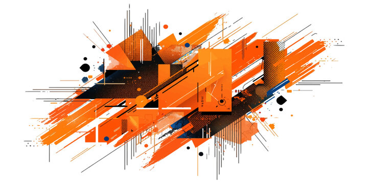 Abstract grunge vector background featuring heavy orange industrial machinery and construction equipment under a red sky near a coastal road