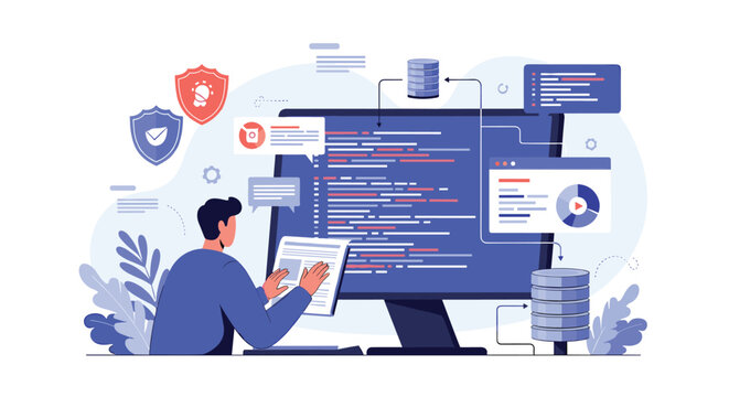 Professional backend developer secures software infrastructure by writing code and managing database servers on a large monitor.