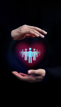 Hands protecting group symbol, human centric approach, customer loyalty, teamwork and collaboration