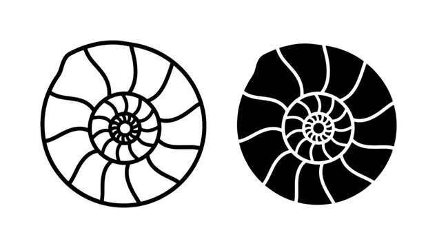 Ammonite Fossil Shell Outline and Silhouette Vector Icons