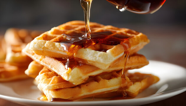 A delicious stack of waffles with warm syrup being drizzled over them. Perfect for breakfast or brunch menus and food-related projects.