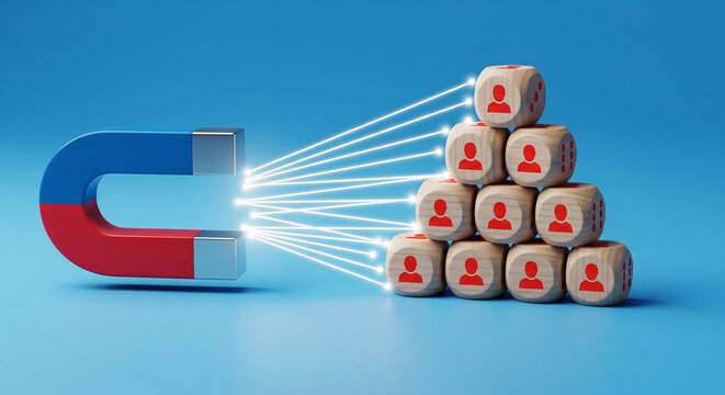 Powerful magnet attracting a stack of user blocks perfect for illustrating digital audience building and marketing strategy