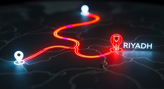 Glowing Red Navigation Route Over Riyadh Map Showing Travel Directions And Destination Markers