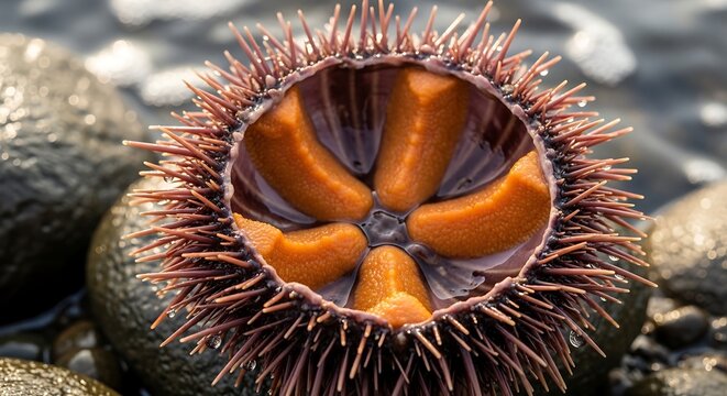 Close up of a sea urchin revealing its orange edible insides on rocks