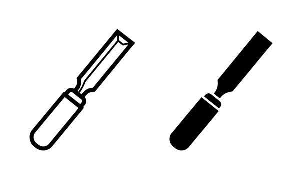 Woodworking chisel icon set with outline and solid silhouette