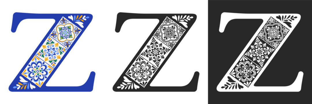 Capital letter Z with mediterranean tile pattern. Letter Z with floral geometric ornament. Creative alphabet. Decorated typography letters. Vintage patterned font. Isolated vector illustration