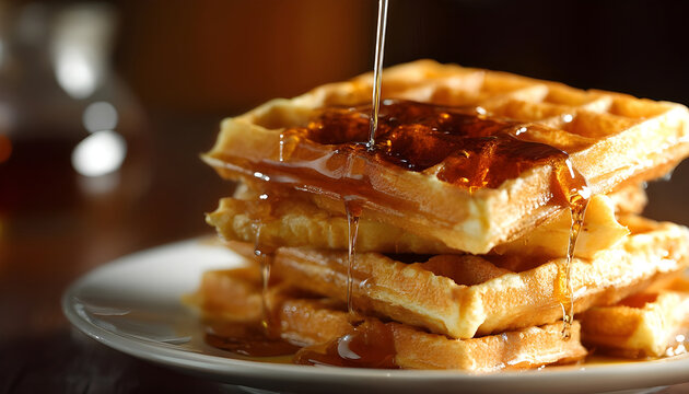 A delicious stack of waffles with warm syrup being drizzled over them. Perfect for breakfast or brunch menus and food-related projects.