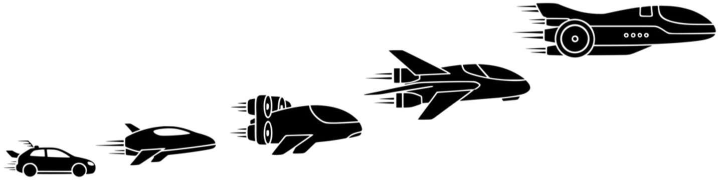 Futuristic flying car evolution silhouettes isolated