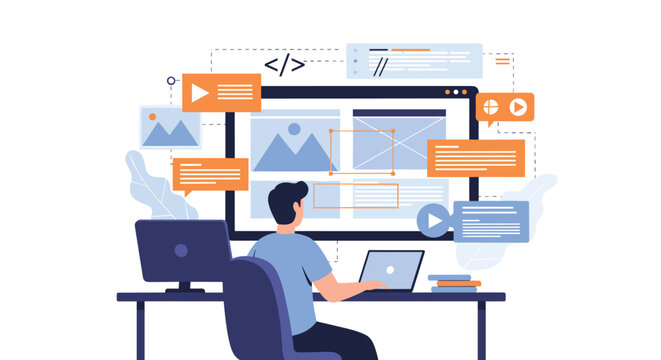 Creative web designer working on multiple screens to build a responsive website layout with various graphic and content modules.