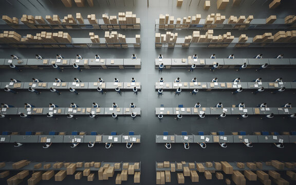 Aerial perspective of an organized fulfillment center, employees processing orders at parallel packing lines, stacks of boxes and packages surrounding workstations, symmetrical layout