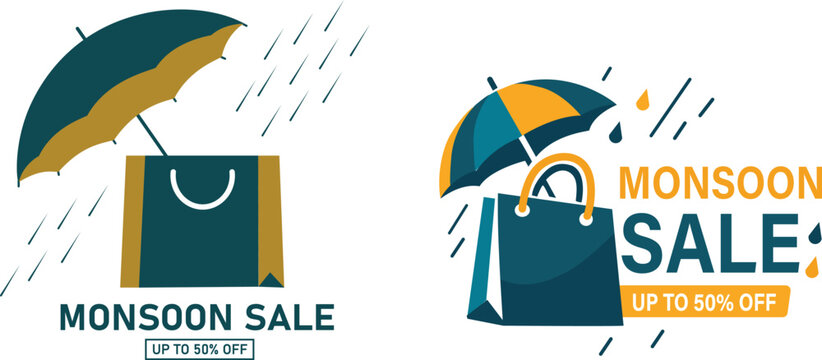 Monsoon Sale Banner Design with Rainy Season Elements