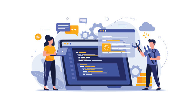 Software engineering team collaborating to repair and optimize website code using digital tools and mechanical wrench icons.