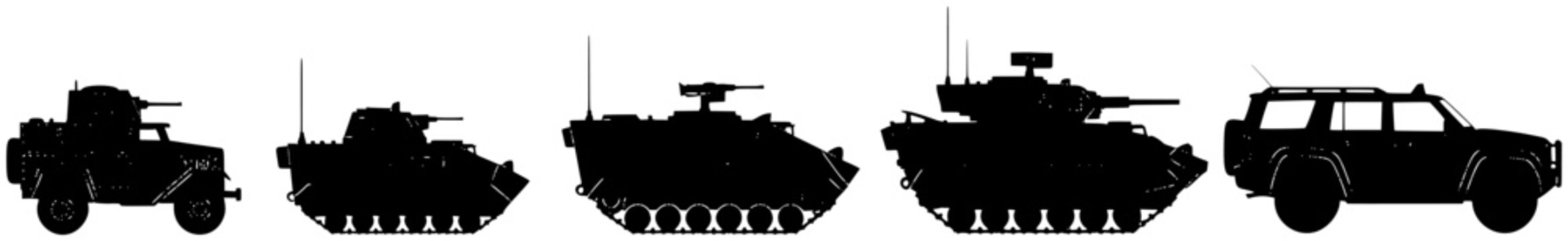 Armored vehicle evolution silhouettes isolated on white