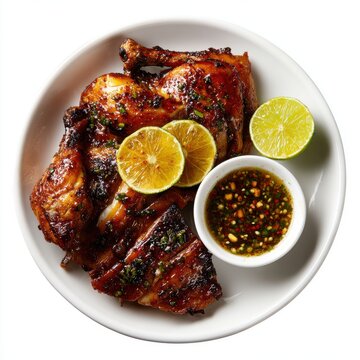 inasal na manok with calamansi slices and chili isolated on a white background