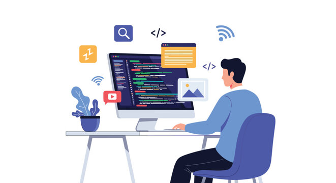 Programmer at desk writing code on monitor with various floating multimedia and connectivity icons for modern software development.