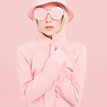 High fashion portrait of a blonde woman in pink coat, hat and round sunglasses on pastel pink background, monochrome winter style

