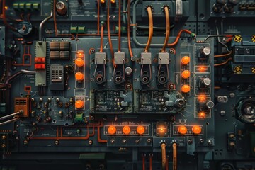 Fototapeta premium Close up of a circuit board featuring intricate wiring, glowing orange lights, and various electronic components, suggesting advanced technology and complexity