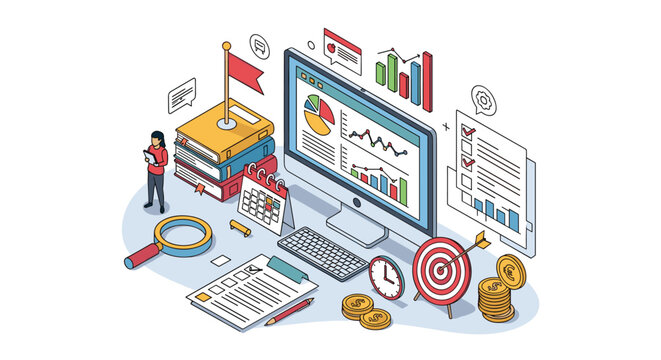 Isometric workspace with a desktop computer showing analytics, financial charts, a calendar, a target, and office supplies.