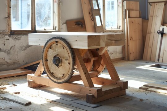 Wooden gear mechanism with crank, assembled in carpenter workshop, showcasing traditional woodworking techniques