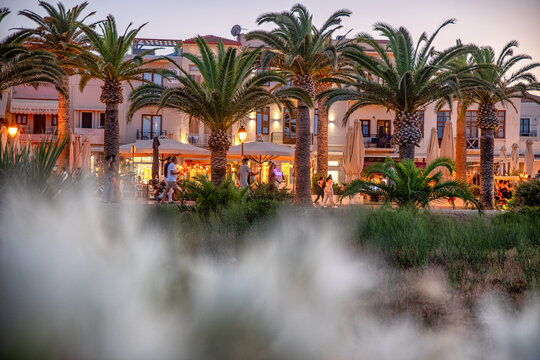 Evening promenade with palm trees and people in Rethymno Crete