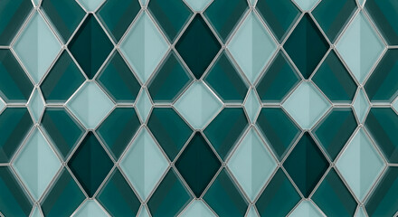 Geometric pattern of light and dark turquoise squares with silver border, creating an abstract and modern visual effect, representative of art deco