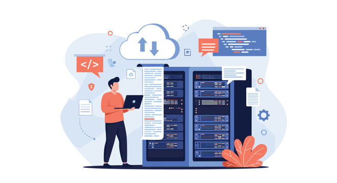 Web developer manages database server rack and cloud synchronization using laptop in modern data center office.
