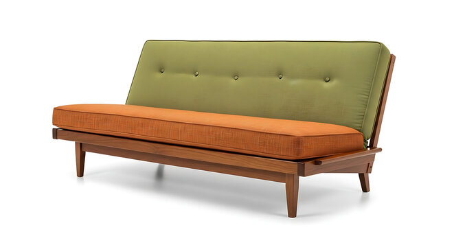 A stylish green and orange futon sofa bed with wooden frame on a white background