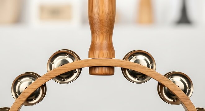 Close up of a wooden tambourine with metal jingles against a white background