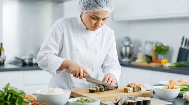 Professional female chef slicing sushi rolls on wooden board in modern restaurant kitchen