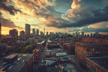 Naklejka premium Aerial view of toronto skyline shining under a dramatic cloudy sky at sunset