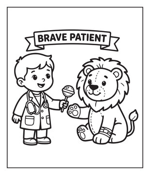 Medical student activity book of a cute doctor and patient lion in hospital black line art vector illustration coloring page for kids and adults