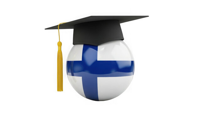 A spherical ball shaped like the flag of finland wearing a black graduation cap with a gold tassel isolated on transparent background