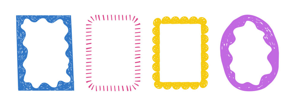 Curve frames set with texture crayon chalk. Scribble hand drawn borders. Childish style with grunge noise. Funky retro y2k scallop border frames.