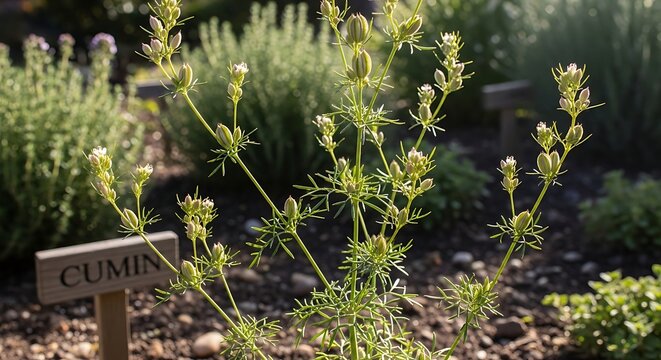 Close up of cumin plant with small white flowers in a sunny garden