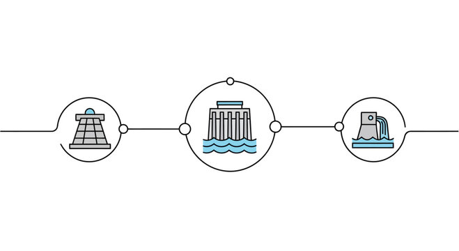 Infographic line icons of hydroelectric power plants and water dams.