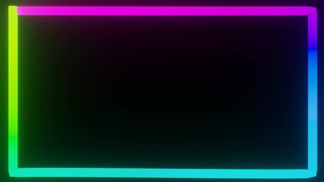 Animated neon glowing colorful border frame on black background loop.