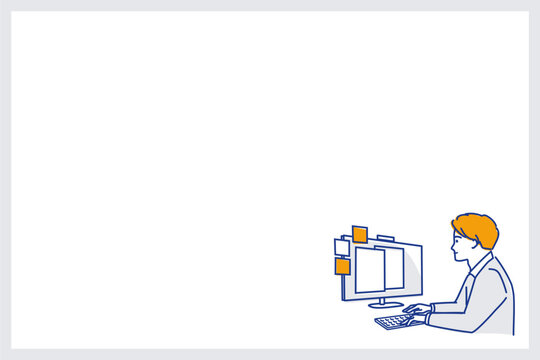 コピースペースのある会議前にパソコンで準備する男性（通常運転)（色違い）