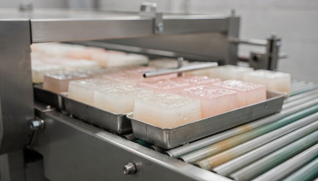 Closeup of gel block odor neutralizers being packaged on conveyor belt showcasing product preparation for use in building odor management.