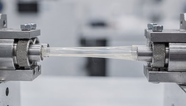 Horizontal rig setup capturing a tensile test on polymer film sample highlighting steady elongation and clamp grip dynamics in controlled environment.