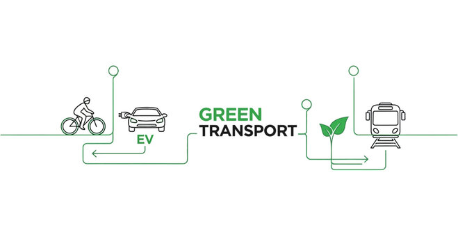 Green transport infographic featuring electric vehicle bicycle and train icons.