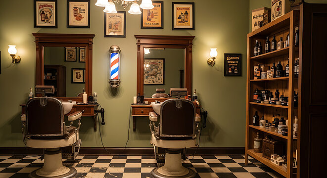 Stylish interior of a vintage barber shop with chairs and mirrors.