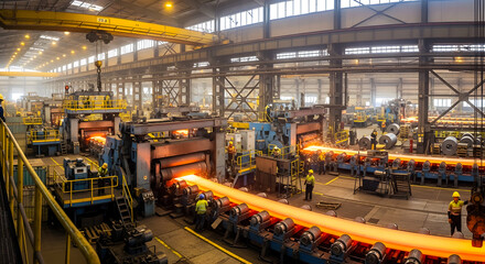 Naklejka premium Industrial Steel Factory Interior With Glowing Hot Metal Beams Moving On Conveyor Belts Under Bright Overhead Lights