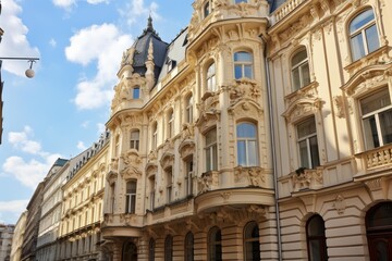Fototapeta premium Ornate art nouveau architecture graces a european street, showcasing intricate facades and a majestic dome against a vibrant sky