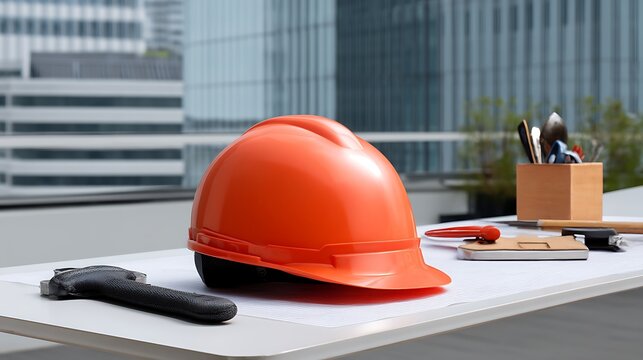 Bright Orange Hard Hat Placed on Architect Table with Tools and Plans