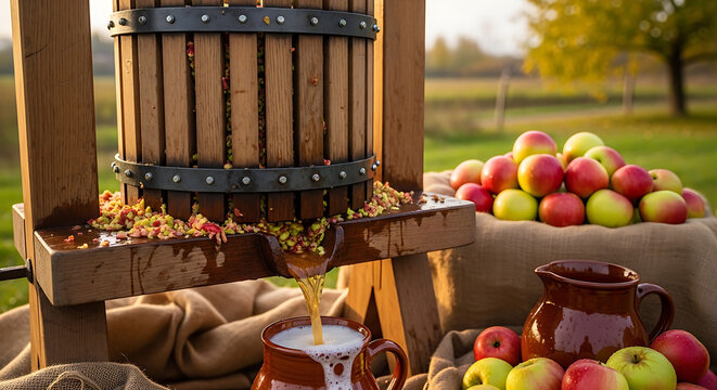 Freshly pressed apple juice running from wooden cider press outdoors