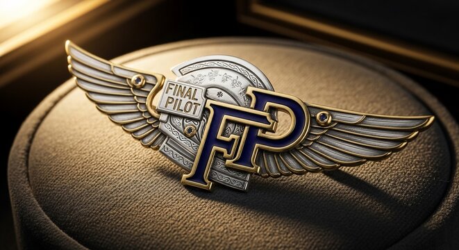 Luxury Aviation Wing Badge with FP Initials Resting on a Soft Velvet Display Cushion for Pilot Achievement